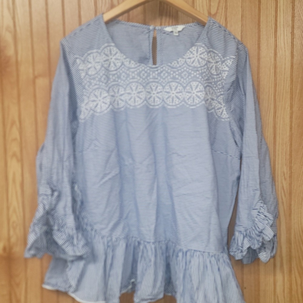 Crown & Ivy Blue White Striped Peplum Blouse XXL Embroidered Ruffle Sleeve Top